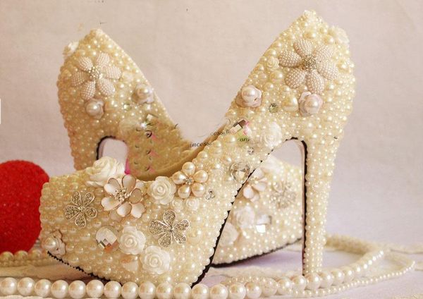 

dress shoes handmade formal flower pearl wedding crystal women's 14cm high-heel platform banquet single, Black