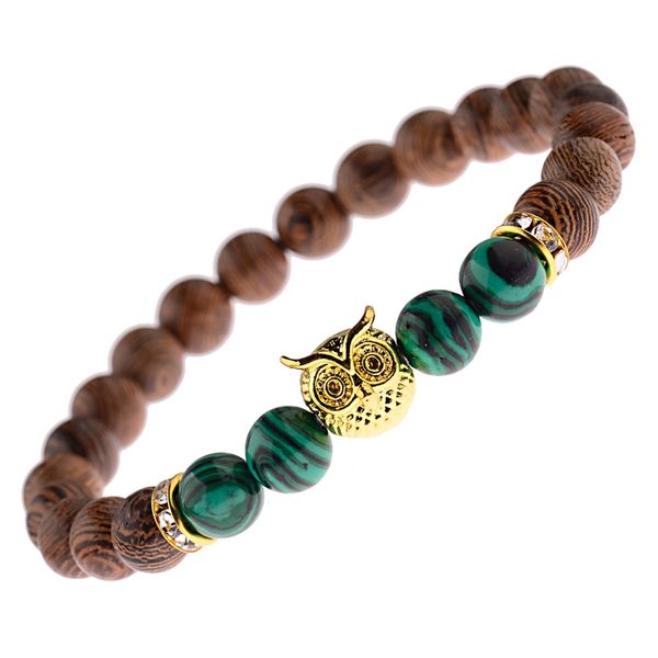 8mm Round Wood Beads Buddha Pulseira Homens Stretch Sliver Coruja Cor Coruja Frisada BraceletsBangles Jóias Pulseiras