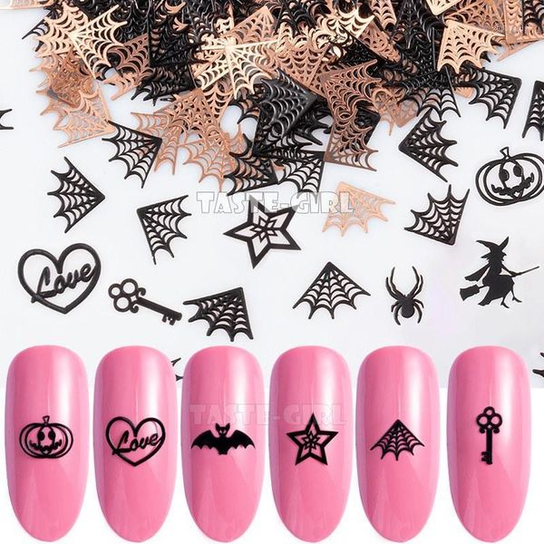 

400pcs/pack halloween pumpkin face witch spider web bat star metallic nail sequins brone back art slice decoration manicure1, Silver;gold