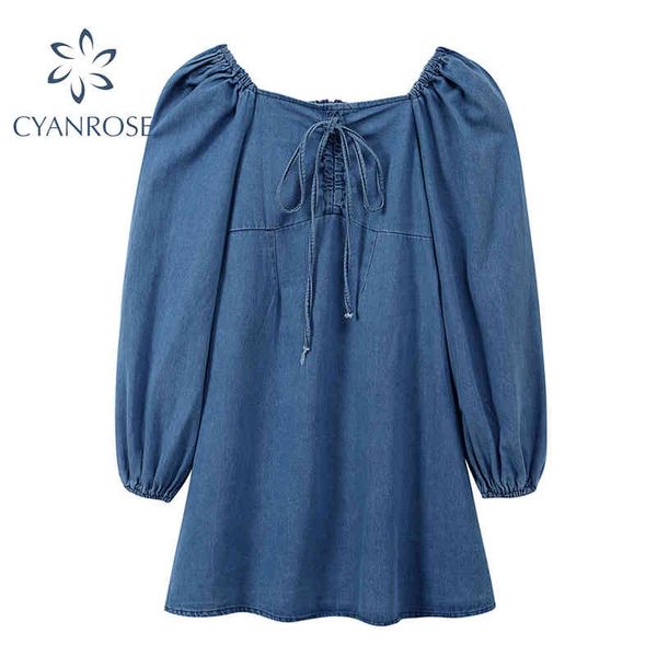 

blue denim crop dress summer square collar lace-up retro mini vestidos female puff long sleeve elegant party club dresses 210417, Black;gray