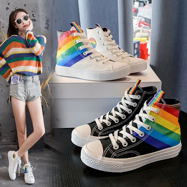 

Women Canvas Fashion Rainbow Breathable Sneakers Women High Top Lace-Up Vulcanize Shoes Women Spring/autumn New, White