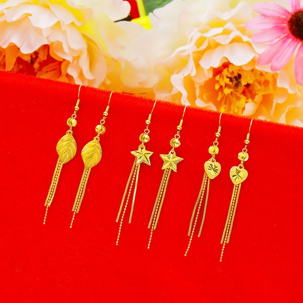 

golden leaf star heart tassel dangle earrings women jewelry 18k yellow gold filled charm accessories gift, Silver