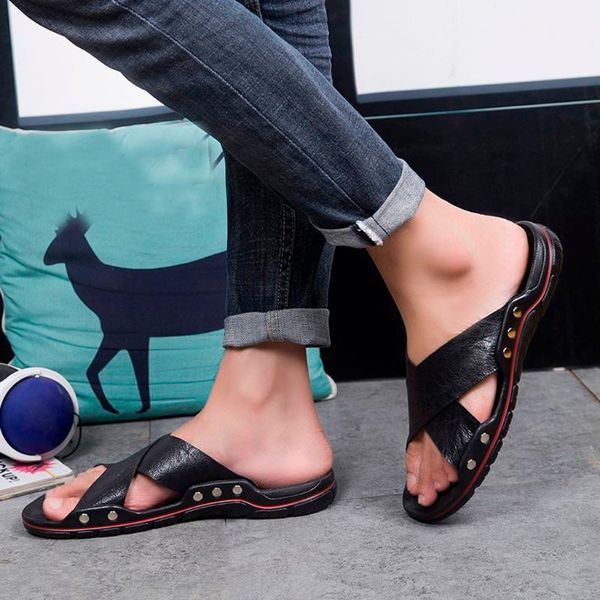 

sandals men's comfortable flat non-slip vintage casual beach cross band minimalist slipper pure color 2021 #xes, Black