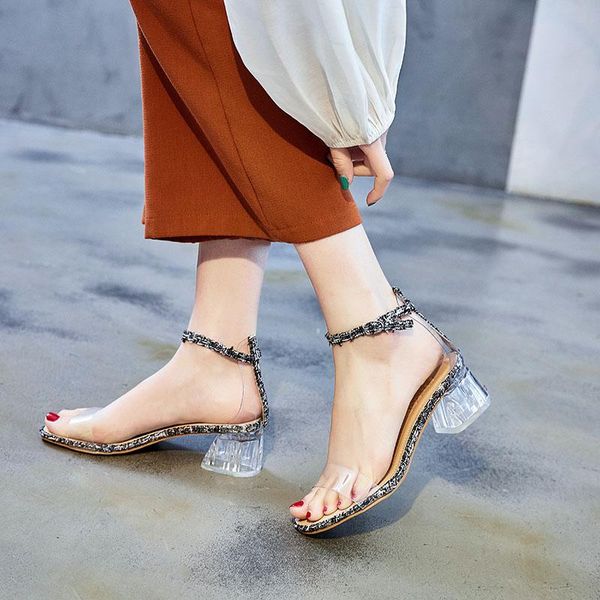 

summer lace-up women sandals open toed high heels transparent heel party pumps zapatos mujer a588, Black