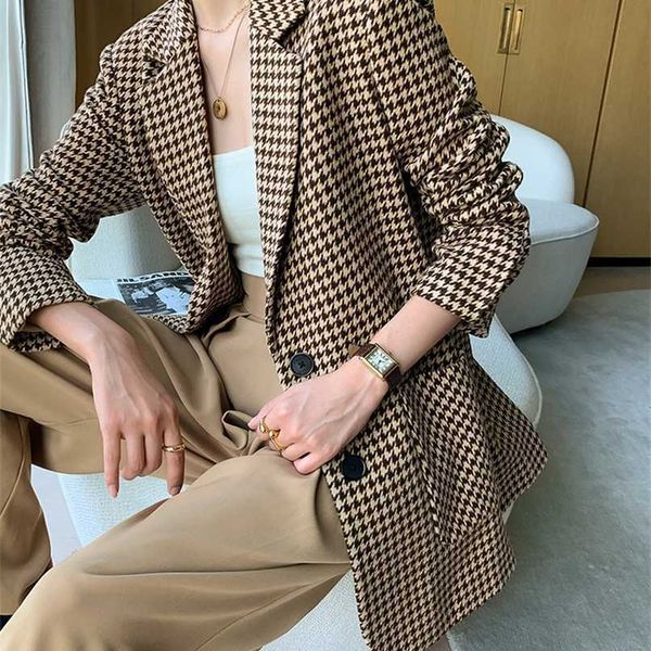 

houndstooth woolen blazer women's short section autumn and winter temperament all-match thick plaid suit 211130, Black