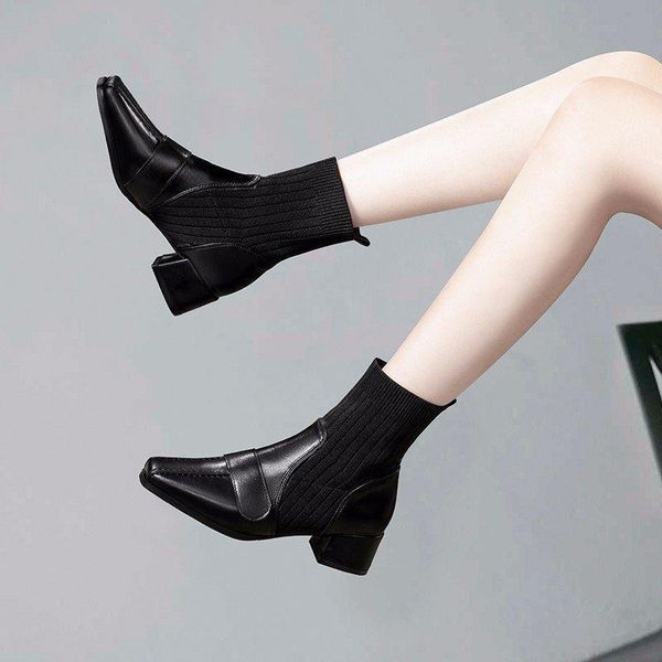 

boots nice autumn women square toe knitted women's high heel ankle vogue black zapatos de mujer