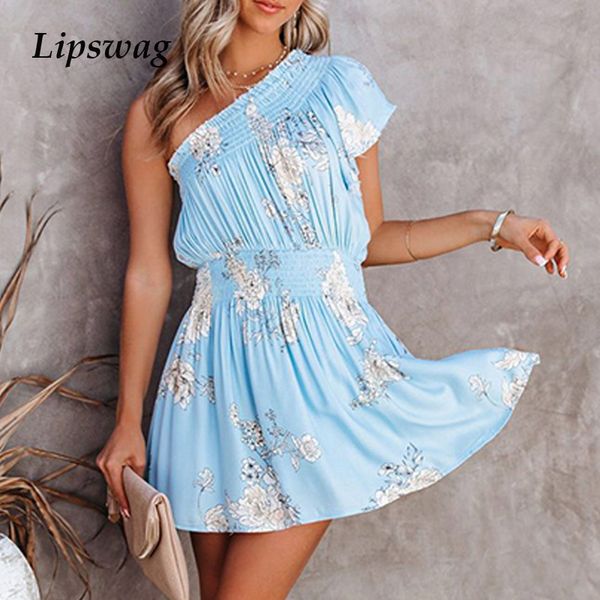 

vestidos fashion elegant pleated party dress summer casual floral print lady mini dress 2021 one-shoulder women beach dresshigh quality, Black;gray