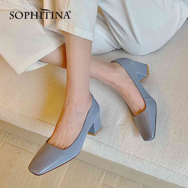 

sophitina gentle style female pumps daily all-match square toe solid color shoes thick heel leather women work shoes basic ao601 210513, Black