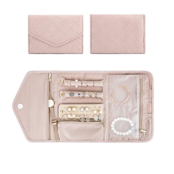 

travel jewelry organizer roll foldable jewelry case for journey-rings necklaces jewerly storage bag, Pink;blue