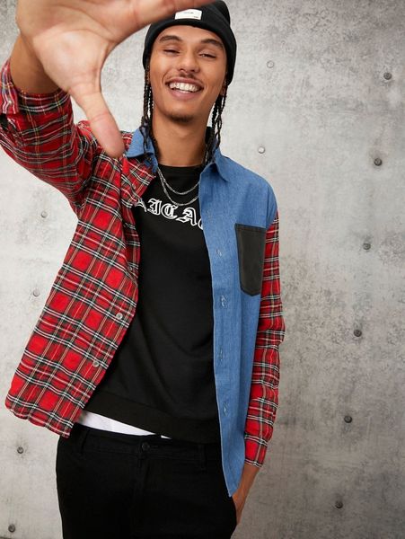 

men plaid panel pocket front denim shirt n1ii#, Blue