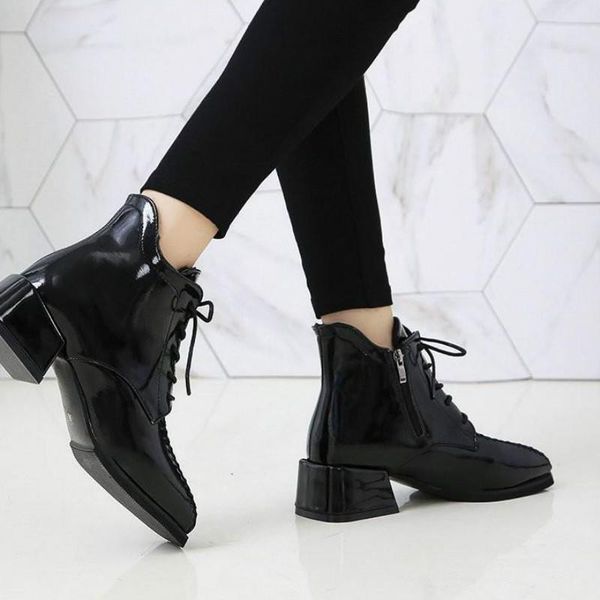 

boots large size women's ankle autumn and winter explosions british style square with patent leather fashion trend 35-42, Black