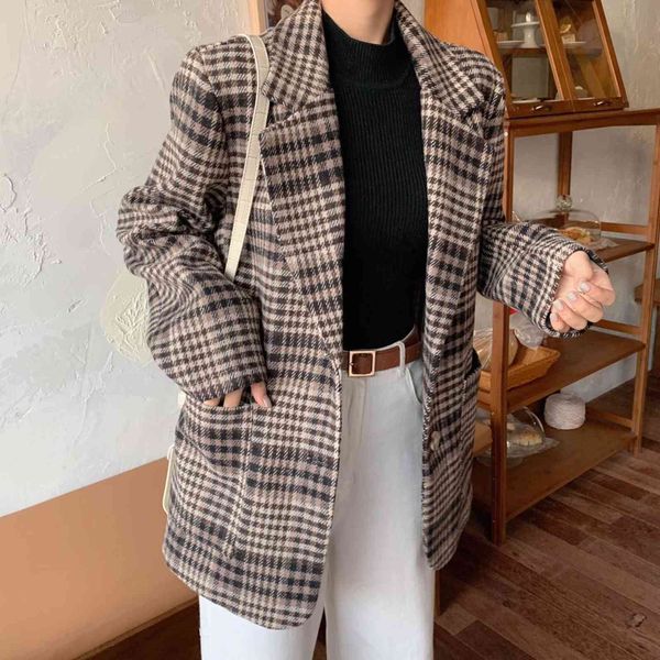 

women's jackets spring and autumn small suit korean style loose casual plaid pocket woolen coat short 2bgw, Black;brown