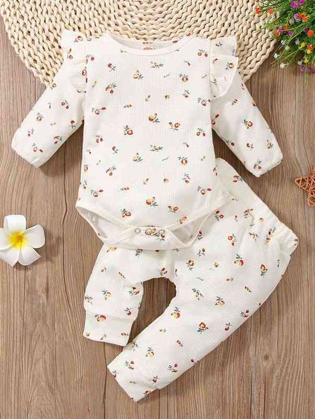 

baby floral print ruffle trim bodysuit & sweatpants she, White