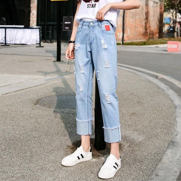 

women's jeans ripped womens light color high waist beggar pants casual boyfriend style females cropped ankle-length, Blue