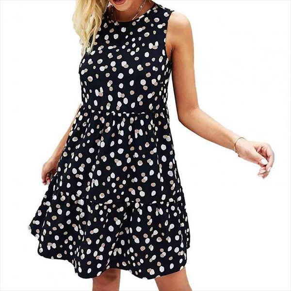 

50% sales summer women sundress o neck dots print sleeveless large hem loose knee-length dress for office, Black;gray