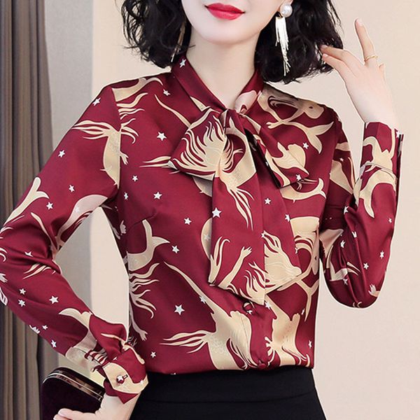 

womens and blouses long sleeve blouse women bow collar print chiffon blouse shirt blouses women women blusas c653 210426, White