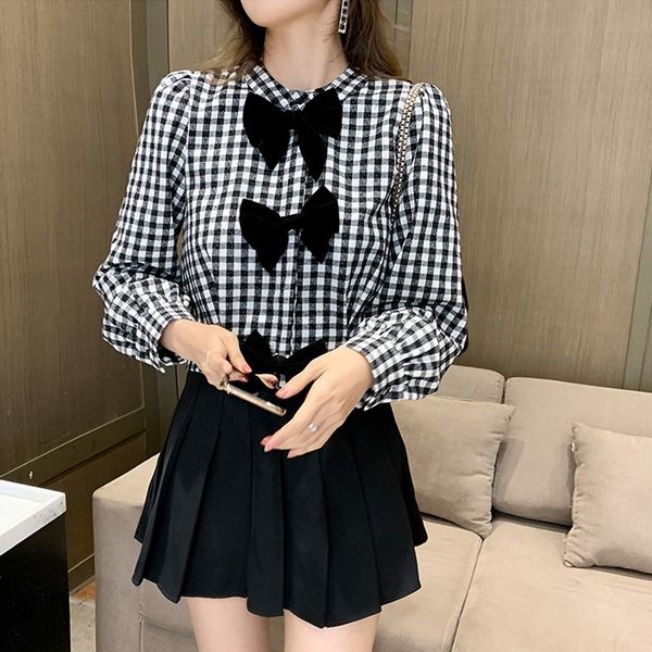 

women's blouses & shirts spring black/white plaid bow lantern long sleeved wfu4