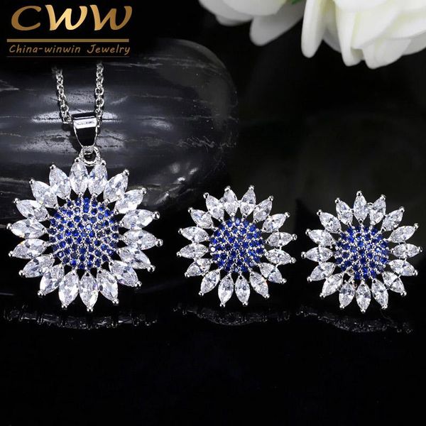 

earrings & necklace cwwzircons lovely summer flower blue cz crystal fashion earring and pendant jewelry set for women t257, Silver