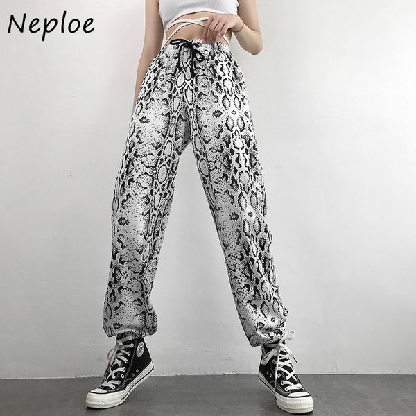 Pantaloni sportivi con stampa serpente Neploe Pantaloni larghi con lacci elastici a vita alta Harem Streetwear Pantaloni dritti Pantaloni con piedini alla moda 210423