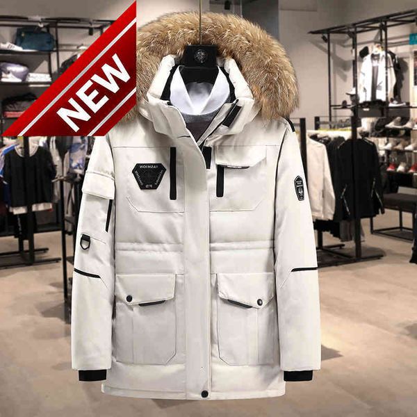 

winter korean white men 2021 duck down jacket thick warm streetwear fur collar hooded parka overcoat male windbreaker/outer wear, Black