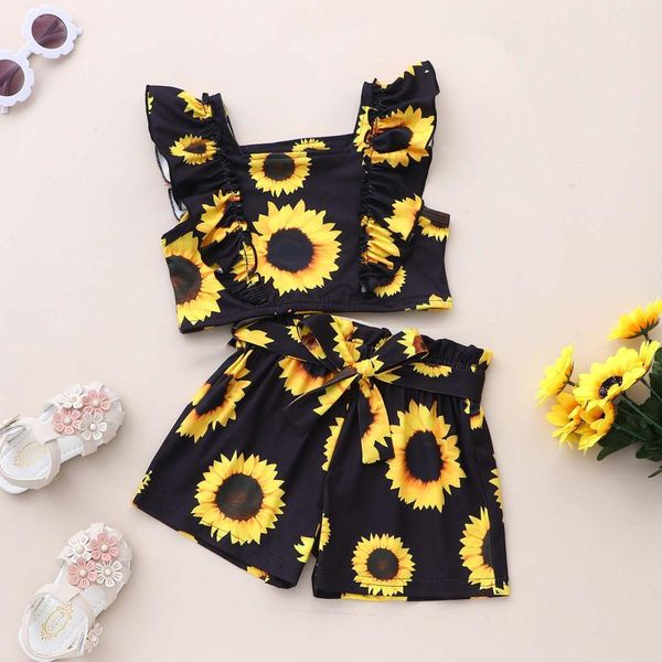 

clothing sets baby girls outfits 2021 toddler kids sunflower print bow shorts clothes suit infant 1-6y roupa infantil, White