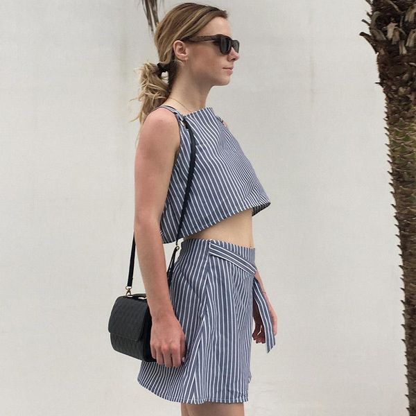 

two piece dress summer women crop high waist skirts 2 pieces set striped backless belt casual outfits 88, White