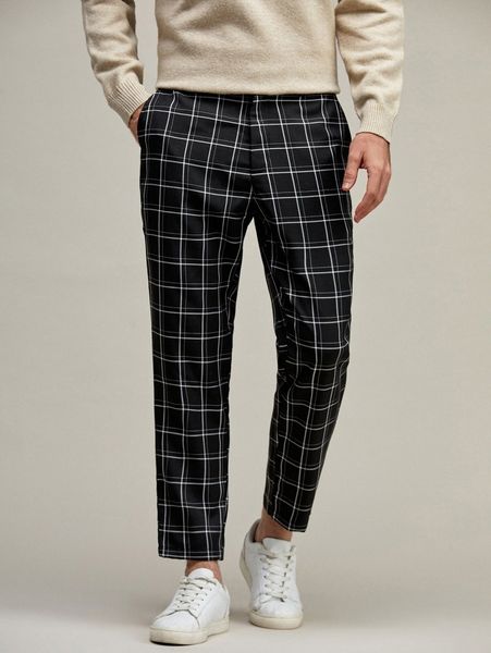 

men zipper fly grid print pants a7na#, Black