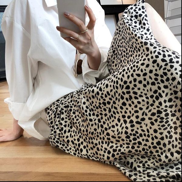 

women skirts a line leopard print summer skirt stretch high waist long casual faldas jupe saia satin, Black