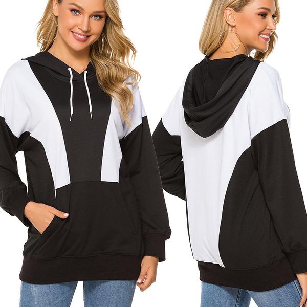 

women's hoodies & sweatshirts black and white contrast color women autumn winter front pocket loose casual lady hooded pullovers
