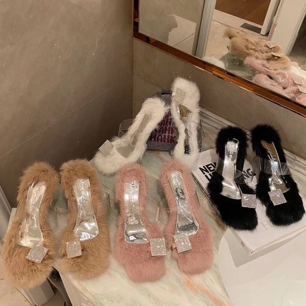 

slippers fashion women sandals slides clip toe rhinestone decoration clear thin high heels mules shoes black/white fur jsph