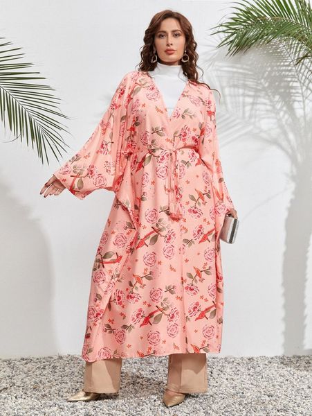 

plus allover floral print tie front kimono b486#, Black