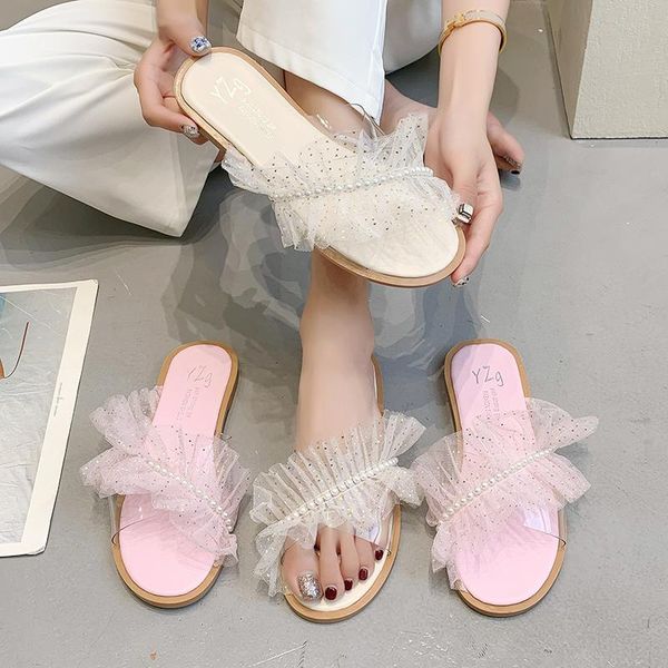 

slippers female shoes ladies' lace string bead low luxury slides 2021 soft designer flat pu fabric rubber, Black