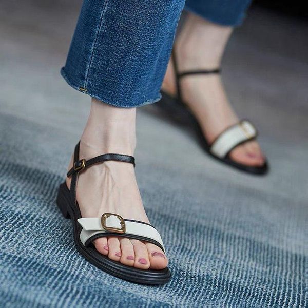 

sandals open toe luxury women buckle flat roman shoes beach casual pu soft sole fashion female, Black