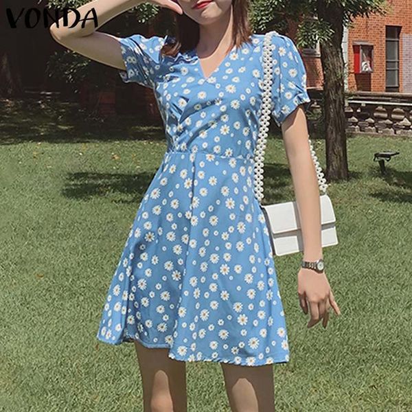 

women's blouses & shirts summer bohemian mini dress 2021 vonda v neck short sleeve printed dresses vestidos femme sundress pl, White
