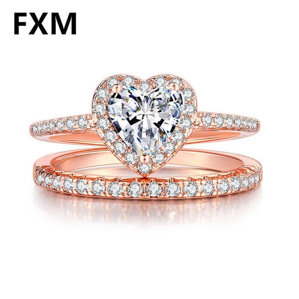 

wedding rings fxm heart-shaped cz jewelry for women 2021 bridal engagement double couple simple set ring drop, Slivery;golden