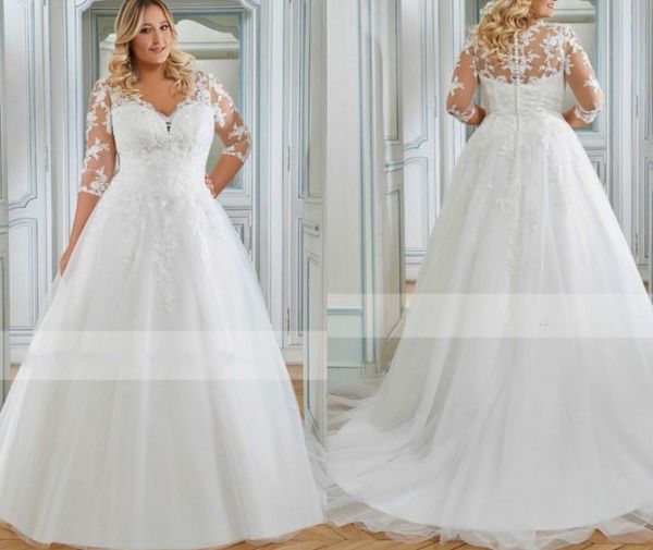 

elegant wedding dress plus size 3/4 sleeves v neck tulle lace applique bride dresses big size women modest vestido de noiva 2022 robe mariag, White