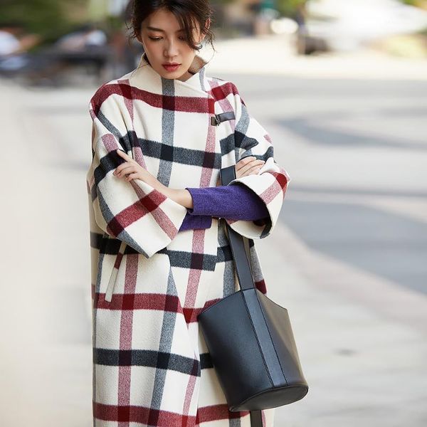 

women's wool & blends arrival autumn and winter 2021 fashion three quarter sleeve long oversize cashmere plaid coat women, Black