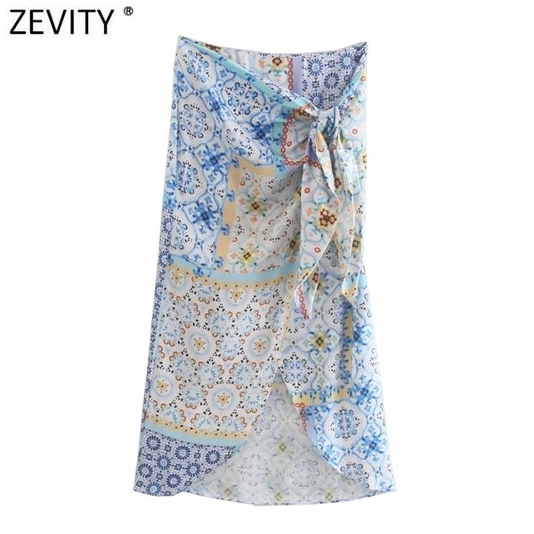 

zevity women vintage cloth patchwork floral print knotted sarong skirt faldas mujer female side zipper chic slim vestidos qun793 210621, Black