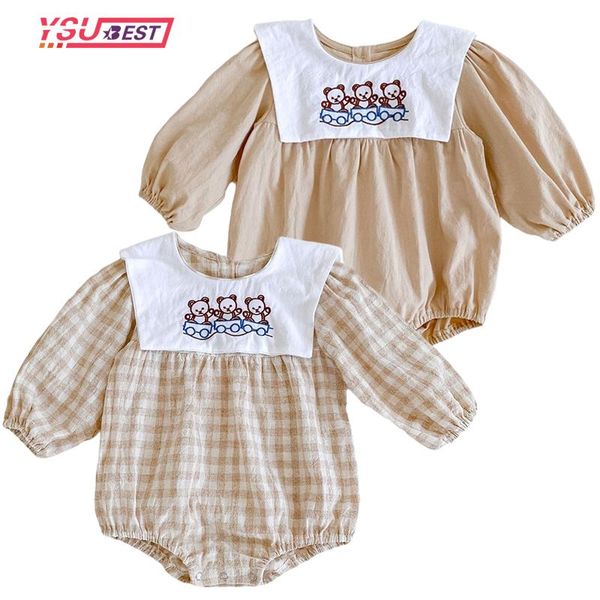 

jumpsuits born baby boys clothes cartoon embroidery bear infant clothing girls romper toddler jumpsuit plaid autumn, Blue