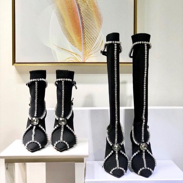 

boots women pointy toe rhinestone crystal diamond ankle&knee thigh chunky high heel knitting belt buckle stretchy shoes, Black