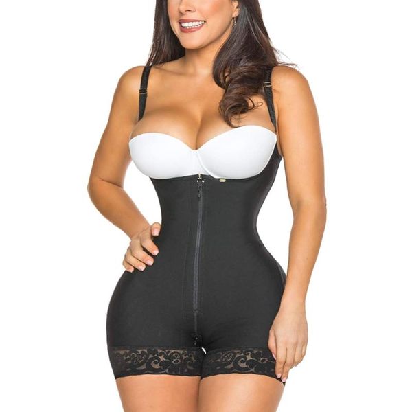 

women's shapers cinta modeladora feminina tummy control body shaper zipper hip lift adjustable shoulder strap lace open bust bodysuit, Black;white