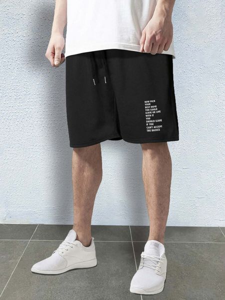

men drawstring waist slogan graphic track shorts y0qk#, Black