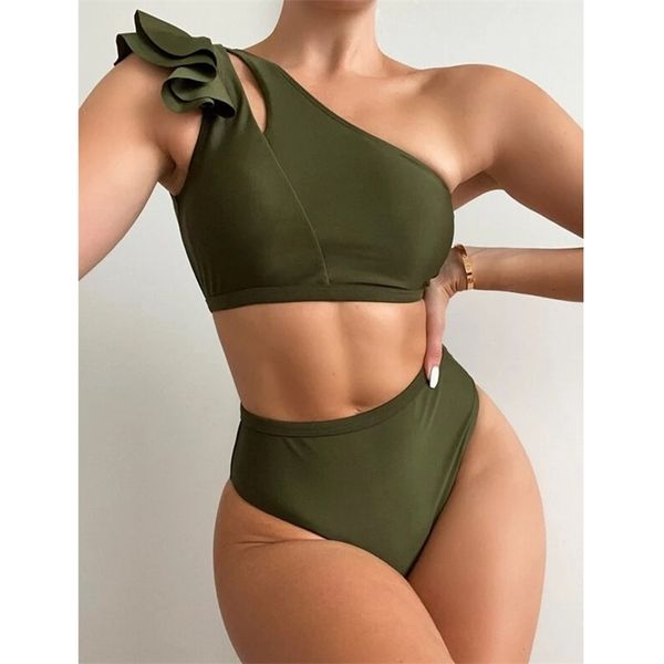 Costume da bagno donna a vita alta Costume da bagno bikini verde solido Costume da bagno Costume da bagno monospalla da spiaggia Biquini brasiliano 210604