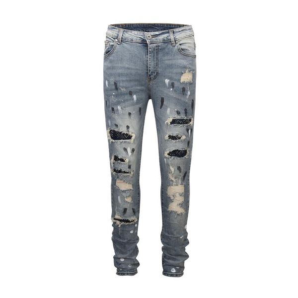 

men's jeans ripped coating slim fit high street men 2021 hi-end fashion rivet on knee cool denim pants 2 colors, Blue