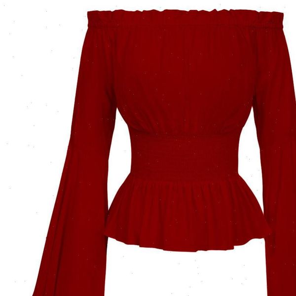

medieval renaissance solid color womens shirts bell sleeve ruffled off shoulder slim autumn, White