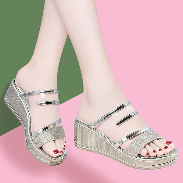 

sandals summer women slippers 2021 platform shoes one-word wedges, Black