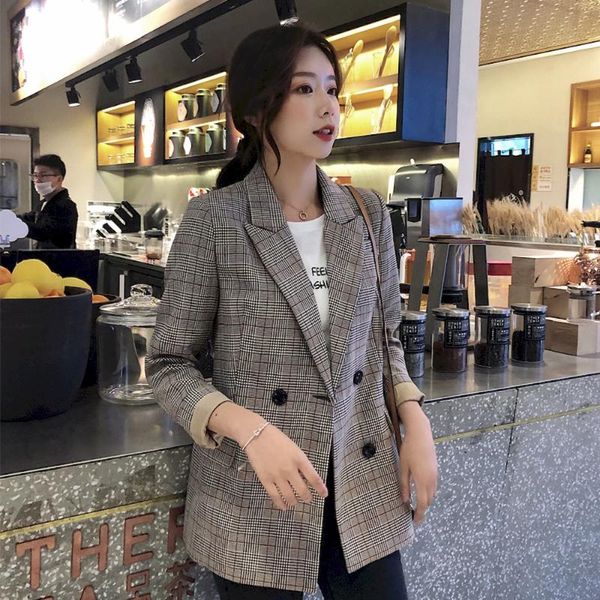 

women's suits & blazers 2021 womens plaid suit jacket office lady casual young style double breasted for summer and winter, White;black