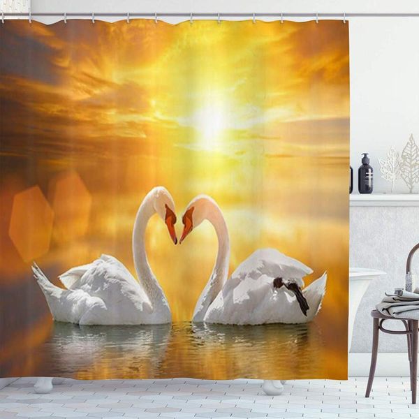 

shower curtain set with 12 hooks,couple in love white swan in heart shape on lake sunset,machine washable,72" x 72"