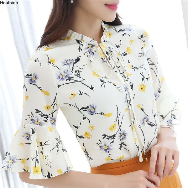 

women's blouses & shirts 3/4 sleeve blouse printing v-neck bow chiffon loose fashion comfortable casual shirt houthion, White