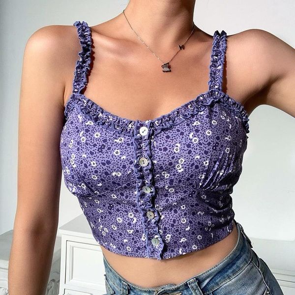 

women's tanks & camis women tank leisure small floral pattern slim style luxury front button crop sleeveless cute purple 2021, White